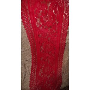 red lace table runner with tassels